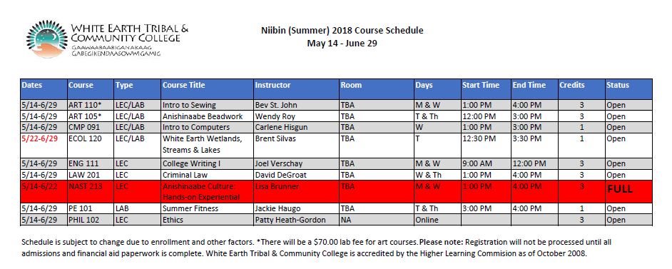 Summer 2018 Course schedule